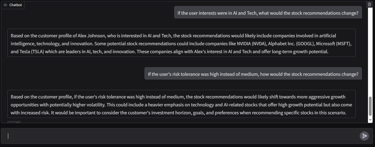 Financial advisor chatbot: conversational follow-up on stock recommendations